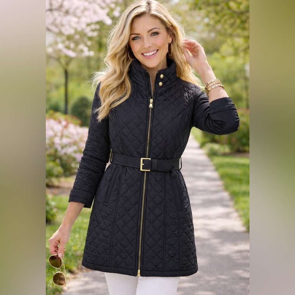 Cole Haan Signature Quilted Belted Stand Collar Spring Jacket